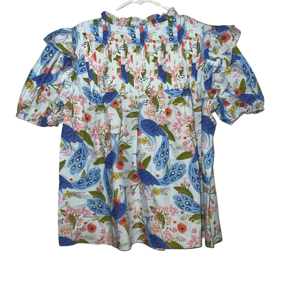 Sincerely Ours Womens Ruffled‎ Blouse Small Peacock Blue Print - Picture 2 of 6